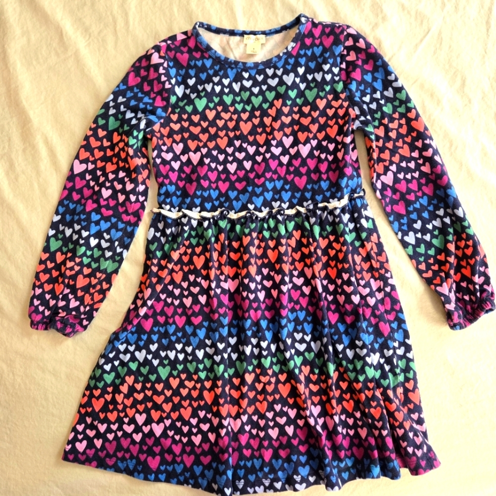 Crewcuts Girls Navy Multicolor Heart Dress Long Sleeves Stretch Cotton 8
